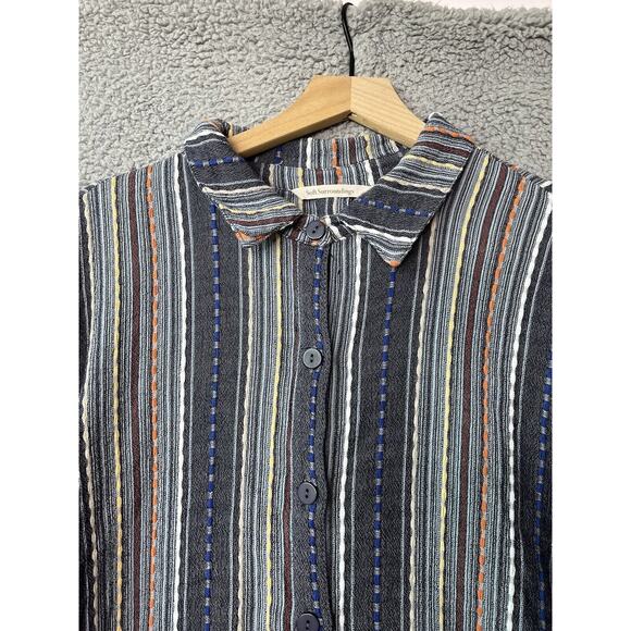 Soft Surroundings Button Top Small Oversized Striped Embroidered Beach Boho Gray - Picture 2 of 15